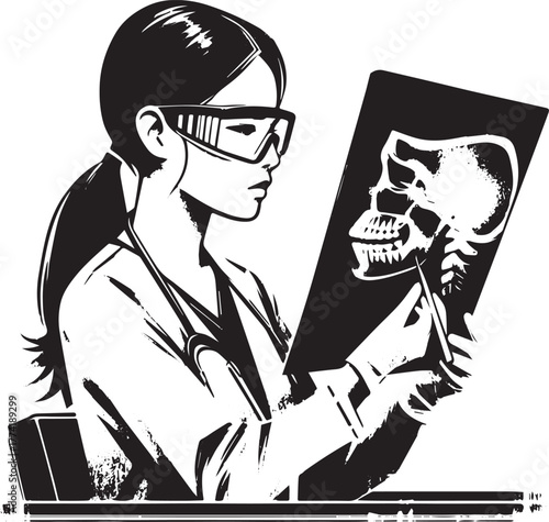 Attentive dentist scrutinizing panoramic dental x-ray illustrati