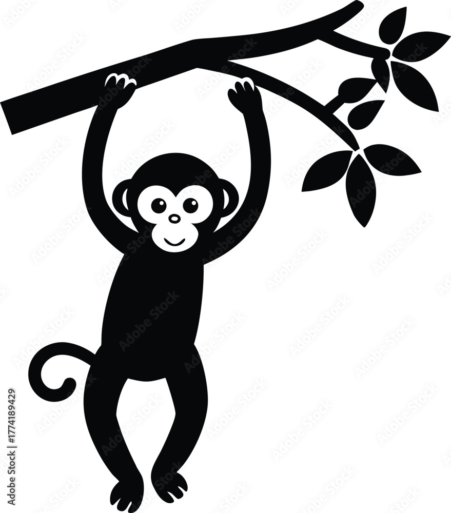 Fototapeta premium Playful monkey hanging from a tree branch icon illustration