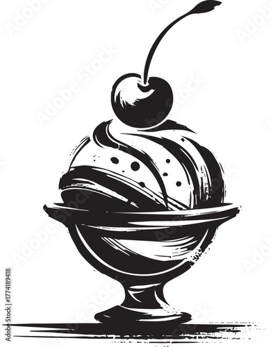Stylized Ice Cream Sundae Icon with Cherry Topping in Brushstrok