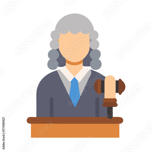 Flat vector judge character with gavel and black backdrop