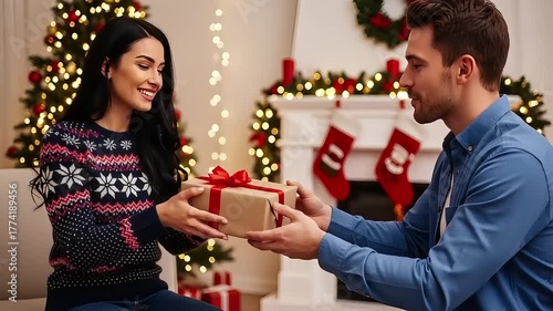 Celebrating the joy of giving, a caring man presents a festive holiday gift to his delighted partner in a cozy home setting