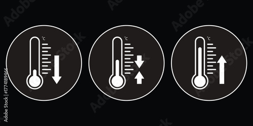 Set of temperature icons. Vector thermometer showing the temperature. Thermometer symbols, temperature scale, weather icons. Thermometer temperature up and down icon. Vector illustration, eps 10.