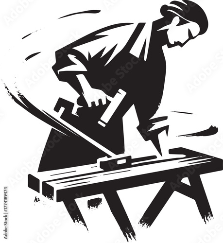 Sumi-e carpenter artwork: Craftsman building furniture with simp