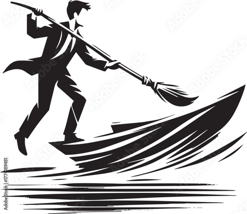 Stylized black and white illustration of a man rowing with a bro