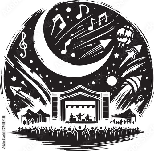 Energetic Music Festival Scene with Crowd, Stage and Cosmic Elem