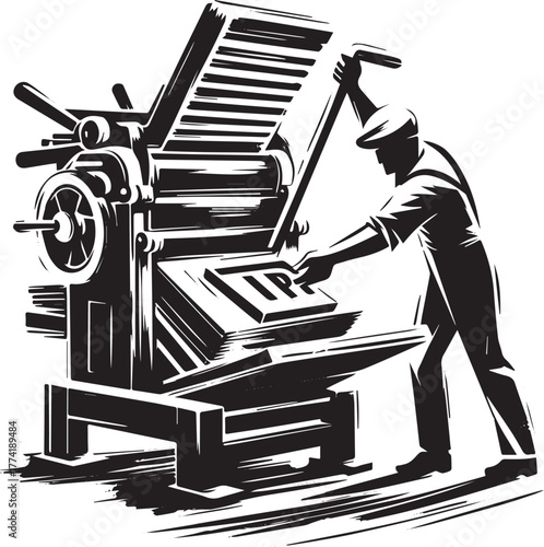 Craftsman adjusting printing press, sumi-e illustration of manua