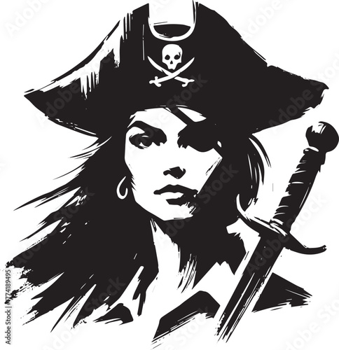 Intrepid female pirate wielding cutlass rendered in minimalist s