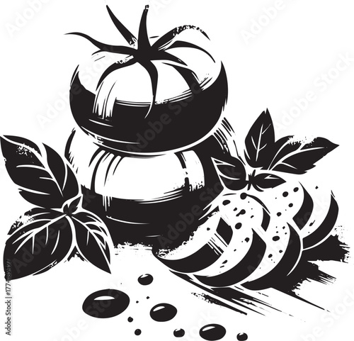 Monochrome Caprese Illustration with Expressive Brushstrokes and