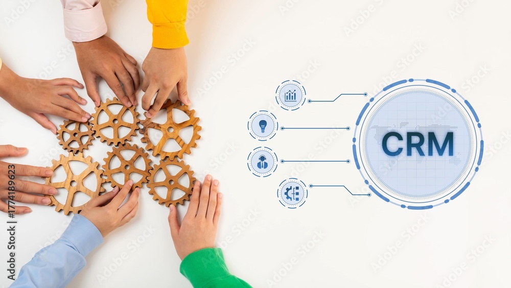 Obraz premium Diverse hands gather around wooden gears, symbolizing teamwork and collaboration in a business setting, with a digital CRM interface suggesting modern strategies. Raster