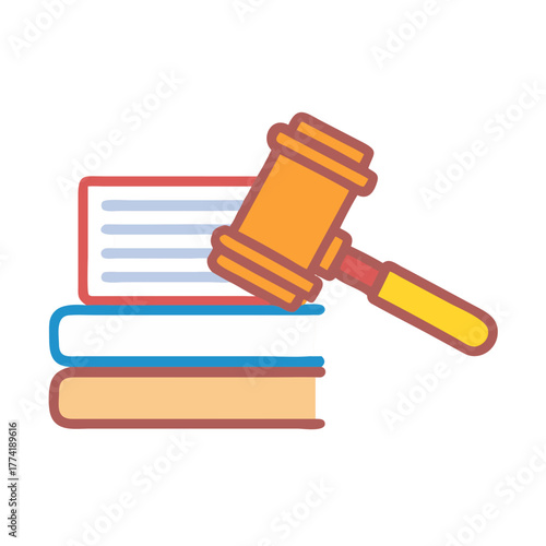 Stylized stack of books with a gavel illustration