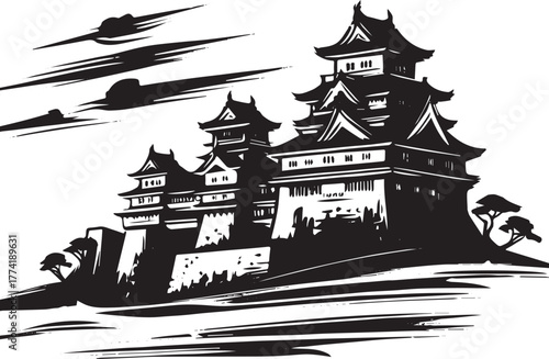 Monochrome depiction of an ancient castle with a stylistic sumi-