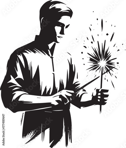 Monochromatic depiction of a man holding lit sparklers with brus