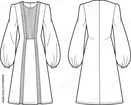 Fashion flat sketch, long sleeve dress, pleated panel design, technical garment drawing, front and back view, couture clothing illustration, apparel design