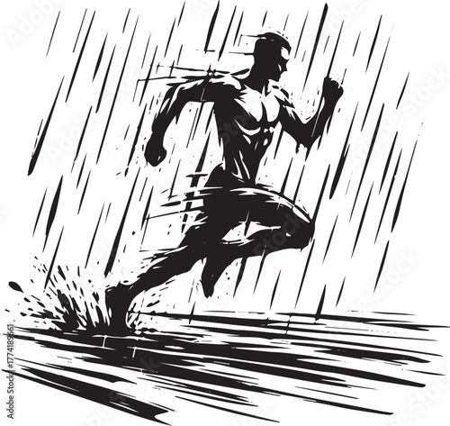 Dynamic ink illustration of a man sprinting through a rain-soake