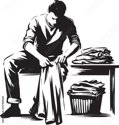 Monochrome depiction of a man folding laundry with minimalist ae