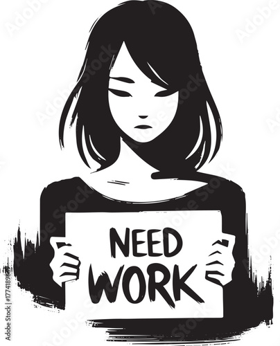 Sumi-e woman holding a sign indicating employment status and see