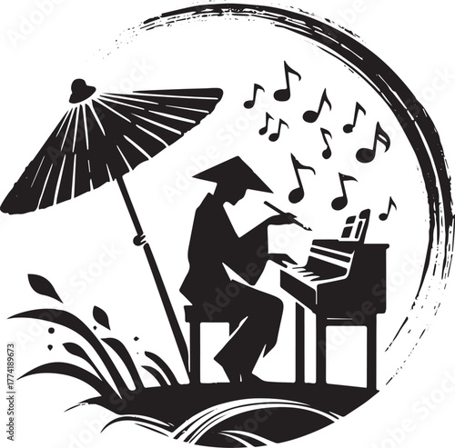 Serene pianist creating melody minimalist black and white sumi-e