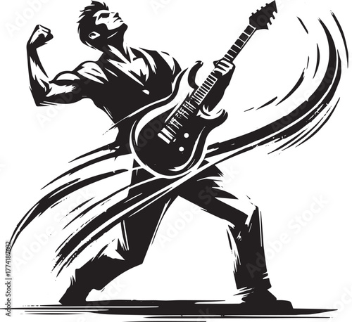 Dynamic guitar player illustration in ink style, showcasing ener