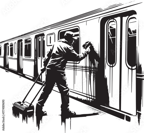 Monochrome illustration of a man cleaning graffiti from a subway