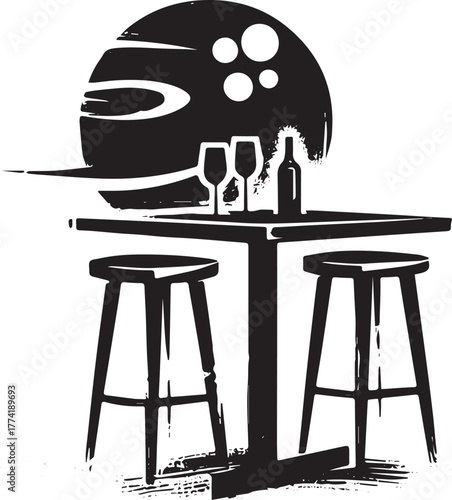 Stylized bar scene with table, stools, wine, and a circular back