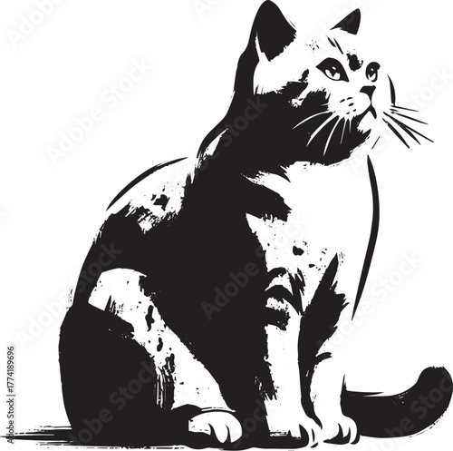 Elegant British Shorthair cat in minimalist sumi-e ink wash illu