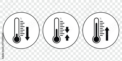 Set of temperature icons. Vector thermometer showing the temperature. Thermometer symbols, temperature scale, weather icons. Thermometer temperature up and down icon. Vector illustration, eps 10.