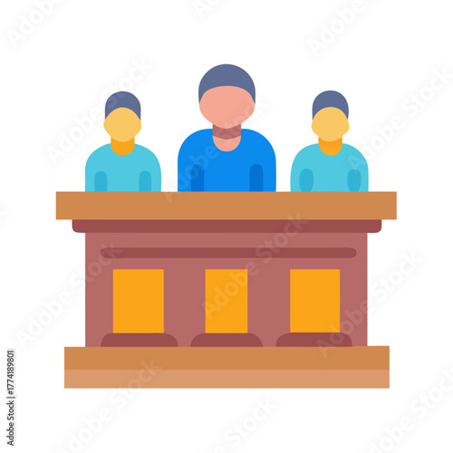 Courtroom Judge Bench with Three Figures Flat Vector Graphic