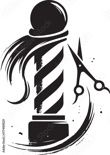 Barber Pole insignia with scissors in stylized ink brushstrokes