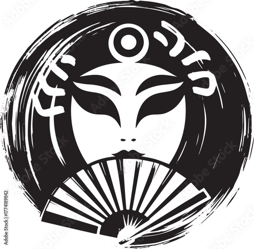 Elegant Sumi-e Illustration: Chinese Opera Mask with Hand Fan on