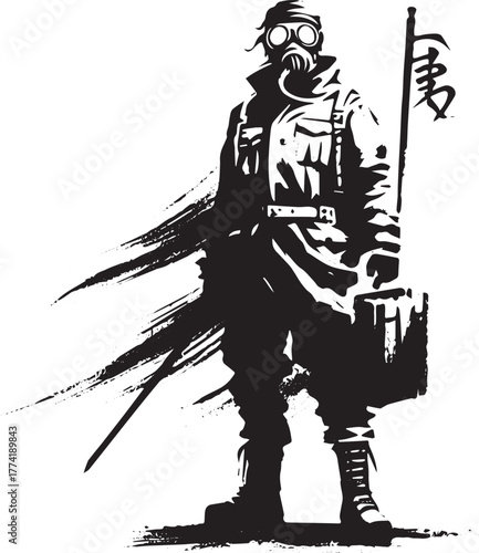 Sumi-e illustration of a masked figure in a desolate landscape,