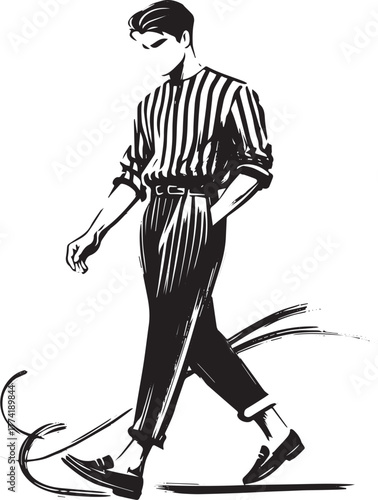 Stylized monochrome illustration of a fashionable man walking wi