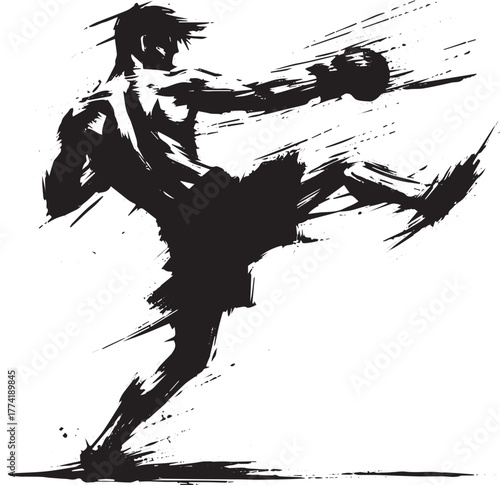 Dynamic brushstroke illustration of a martial artist delivering