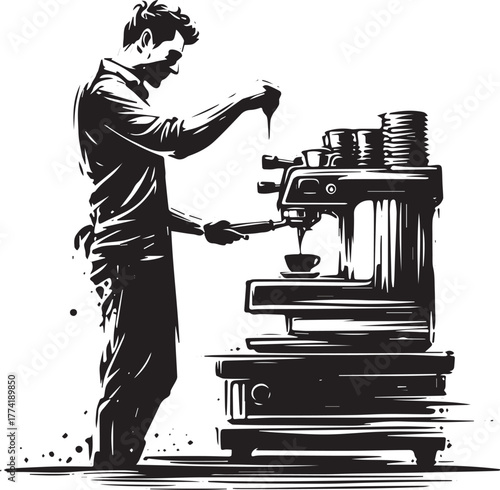 Monochrome illustration of a barista preparing espresso with an