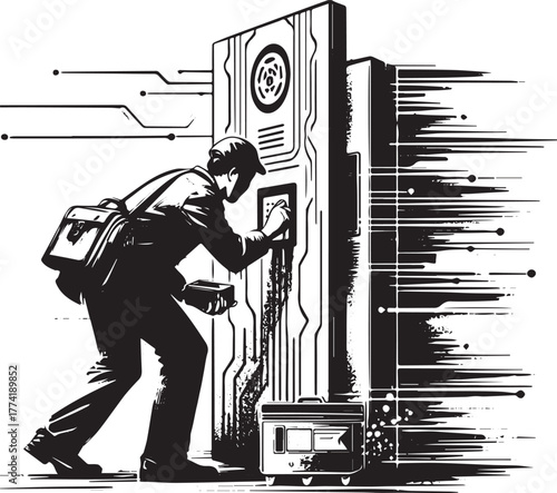 Elegantly rendered technician manipulating a high-tech security