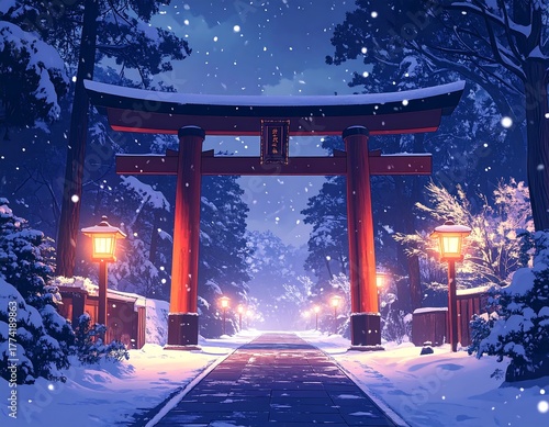 A red torii gate stands snow-covered amidst snowy evergreens under a wintery night sky