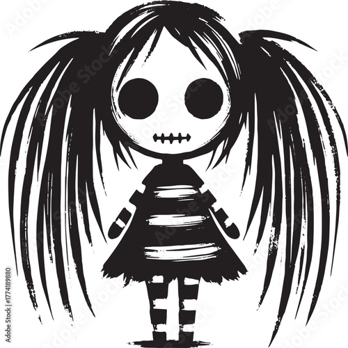Spooky ink doll with dark pigtails, a minimalist and unsettling