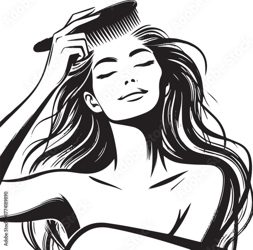 Monochrome illustration depicting woman massaging scalp with bru