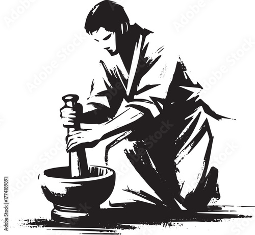Sumi-e Illustration of a Man Grinding Spices with Mortar and Pes