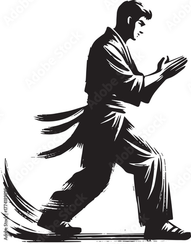Sumi-e illustration of a martial artist in motion with strong br