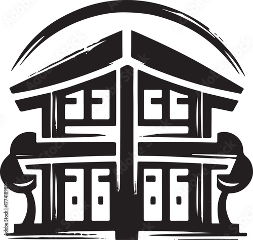Symmetrical residential building artwork, graphic rendition of d