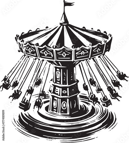 Whimsical Woodcut: A Vintage Carnival Carousel Ride Illustration