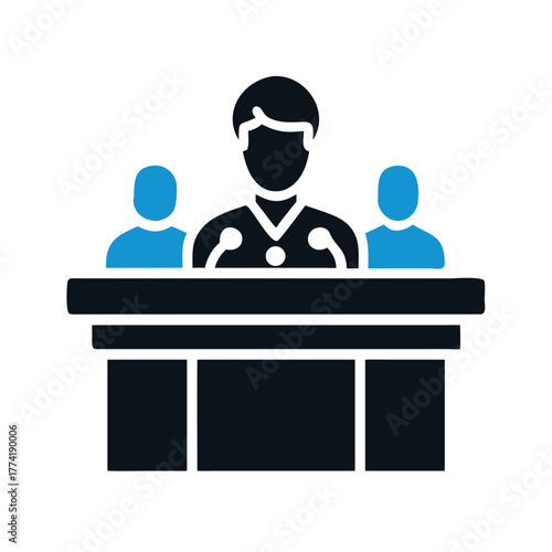 Speaker at podium with two listeners illustration conference theme