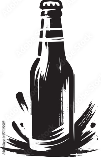 Minimalist Sumi-e style illustration of a beer bottle with splas