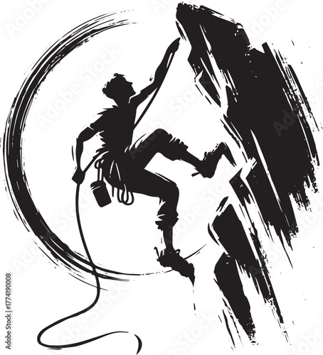 Minimalist sumi-e illustration of a determined man rock climbing