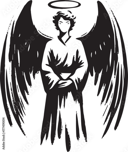 Monochrome guardian angel illustration in bold brushstroke sumi-