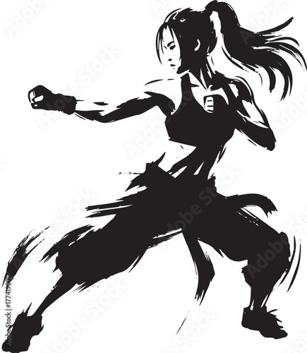 Dynamic Woman in Shadow Boxing Stance Illustration with Brush St