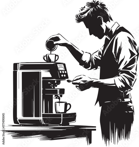 Monochrome illustration of a man crafting coffee at an office ma