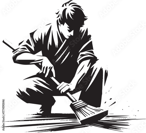 A stylized illustration of a focused figure sharpening a broomst