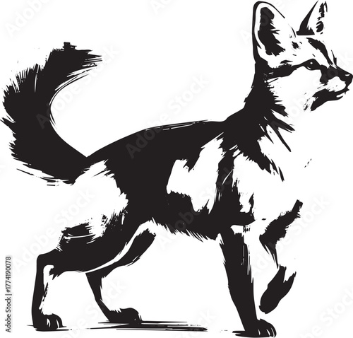 Elegant Chausie in sumi-e brushwork, minimalist black and white