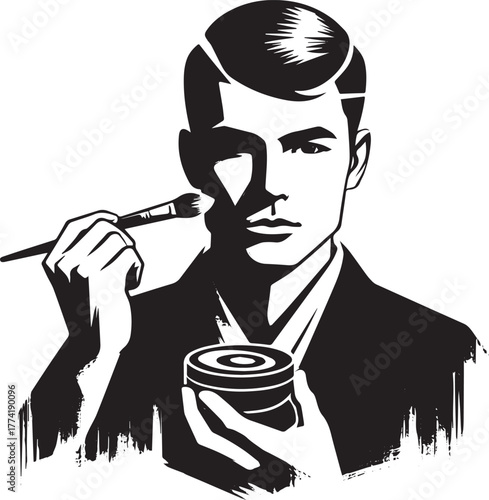 Monochrome depiction of a man applying makeup with brush in mini